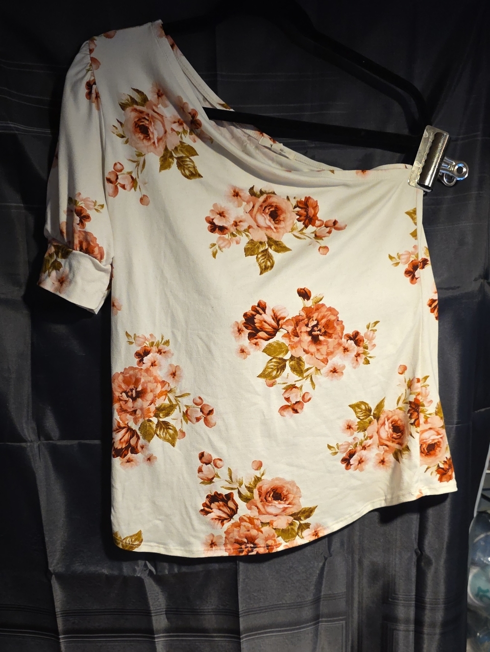 Maurices Cream Floral One-Shoulder Tunic with Peach Blooms